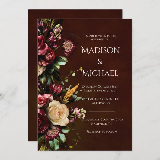 Bourgondië & Groene Bloemen bruiloft Kaart (Voorkant / Achterkant)