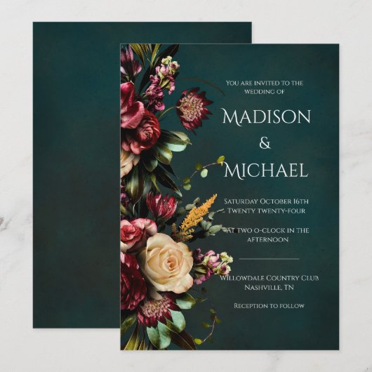Bourgondië & Groene Bloemen Moderne Bruiloft Kaart (Voorkant / Achterkant)