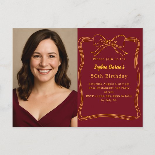 Bourgondië handgetekende boogfoto verjaardag uitnodiging briefkaart (Voorkant)