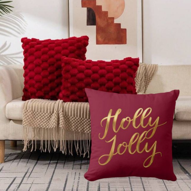 Bourgondië Holly Jolly - Gold Script Vakantie Deco Kussen (Burgundy Holly Jolly - Gold Script Holiday Decor Throw Pillow)