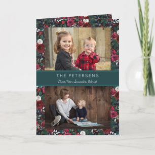 Bourgondië Hunter Green Bloemen Kerstmis 2 Foto's Feestdagen Kaart