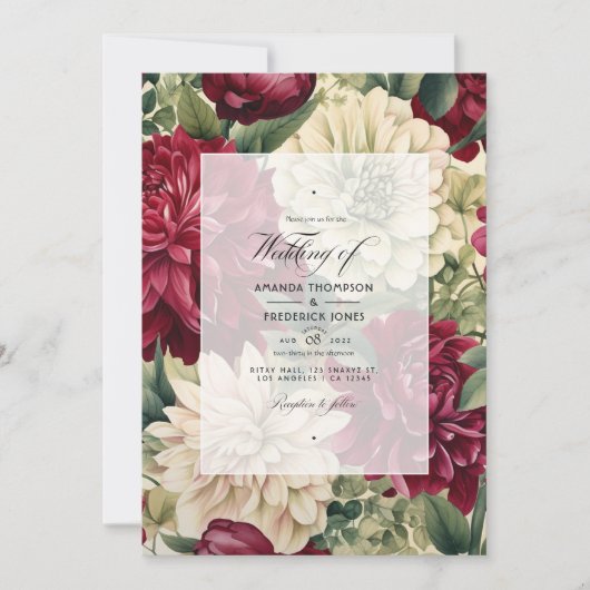 Bourgondië, Ivoor, en Bos Groene Bloemenbruiloft Kaart (Voorkant)