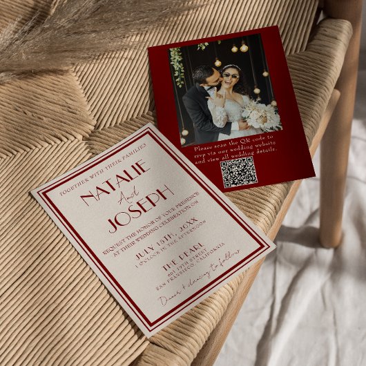 Bourgondie Ivoor Oud Geld QR Code Foto Bruiloft Kaart