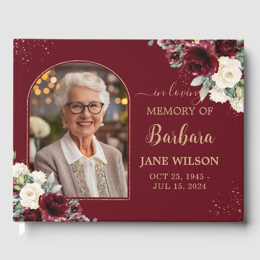 Bourgondië Ivoor Witte Bloemen Memorial Begrafenis Gastenboek (Voorkant)