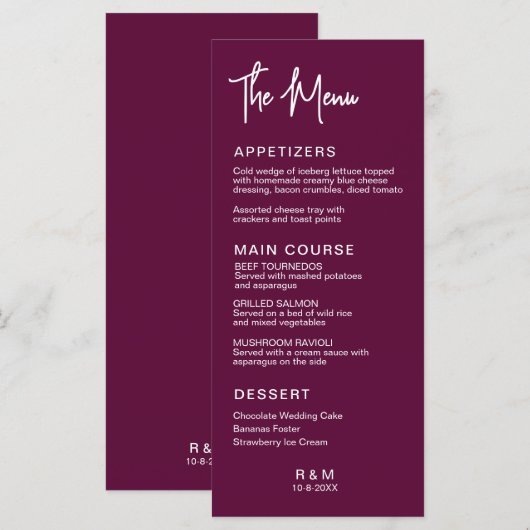 Bourgondië Klassieke Elegante Bruiloft Menu (Voorkant / Achterkant)