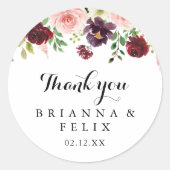 Bourgondië lente bloemen dank u bruiloft gunst ronde sticker (Voorkant)