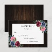 Bourgondië Marine Blauw Roze Hout Bloemen Huwelijk RSVP Kaartje (Voorkant / Achterkant)