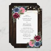 Bourgondië Marine Blauw Roze Rustiek Hout Bloemen  Kaart (Voorkant / Achterkant)