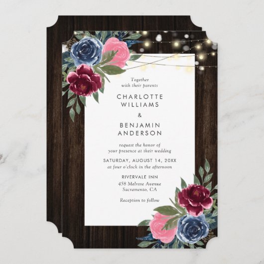 Bourgondië Marine Blauw Roze Rustiek Hout Bloemen  Kaart (Voorkant / Achterkant)