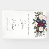 Bourgondië Marine Blauw Wit Bloemen Elegante Huwel Spandoek (Horizontaal)