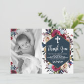 Bourgondië Marine Blauwe Bloemen Doop Dank u Kaart (Staand voorkant)