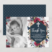 Bourgondië Marine Blauwe Bloemen Doop Dank u Kaart (Voorkant / Achterkant)