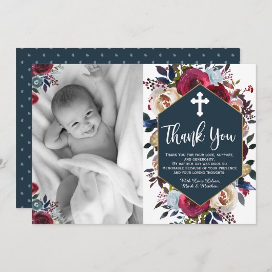 Bourgondië Marine Blauwe Bloemen Doop Dank u Kaart (Voorkant / Achterkant)