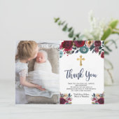 Bourgondië Marine Blauwe Bloemen Doop Dank u Kaart (Staand voorkant)