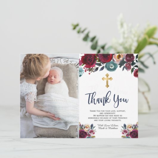 Bourgondië Marine Blauwe Bloemen Doop Dank u Kaart (Staand voorkant)