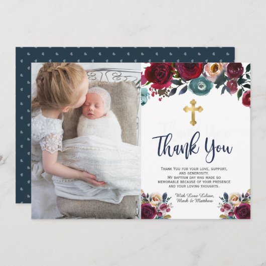 Bourgondië Marine Blauwe Bloemen Doop Dank u Kaart (Voorkant / Achterkant)