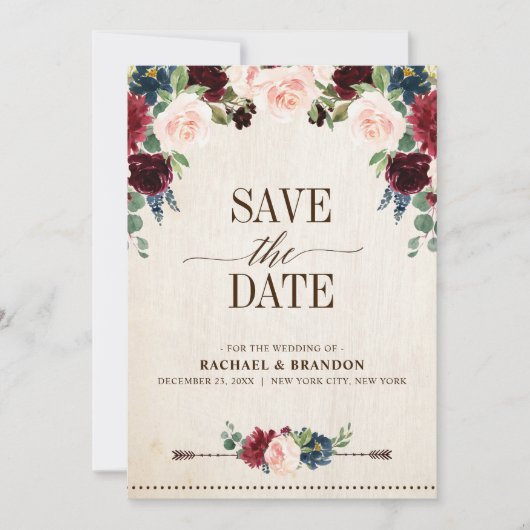 Bourgondië Marine Bloem Rustieke Boho Landelijke B Save The Date (Voorkant)