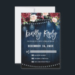 Bourgondië Marine Bloem Slinger Licht metsondeglas RSVP Kaartje<br><div class="desc">Aquarel bordeauxrood marineblauw roze rustieke landelijke stijlvolle bloemige bruiloft RSVP kaart sjabloon met groene botanische gebladerte en eucalyptus bladeren op houten achtergrond. Dit mooie, makkelijk aan te passen ontwerp kan eenvoudig worden afgestemd op uw bruiloft kleuren, stijlen en thema en is een perfecte keuze voor herfst, midzomer of winter landelijke...</div>