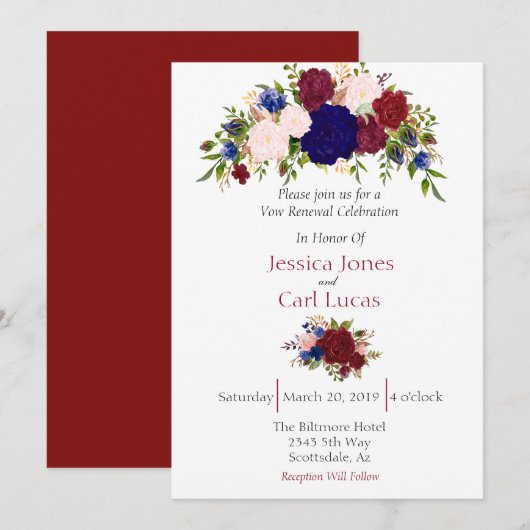 Bourgondië Marine Bloem Waterverf Huwelijksbelofte Kaart (Voorkant / Achterkant)