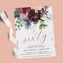 Bourgondië & Marine Bloemen 60e Script Verjaardags Kaart