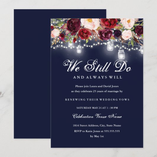 Bourgondië Marine Bloemen Lichten Huwelijksgelofte Kaart (Voorkant / Achterkant)