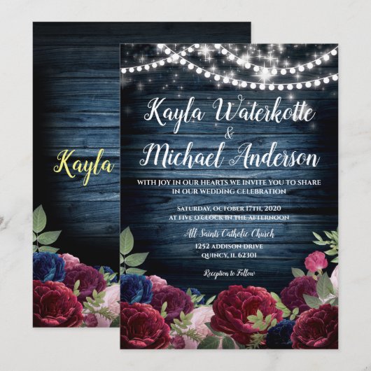 Bourgondië & Marine Bloemen Rustieke bruiloft Uitn Kaart (Voorkant / Achterkant)