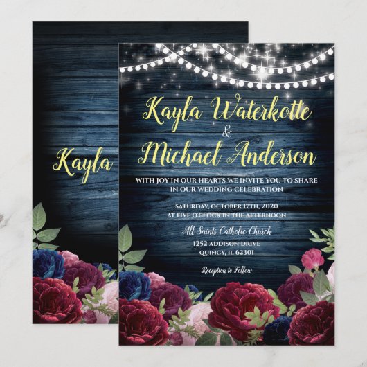 Bourgondië & Marine Bloemen Rustieke bruiloft Uitn Kaart (Voorkant / Achterkant)