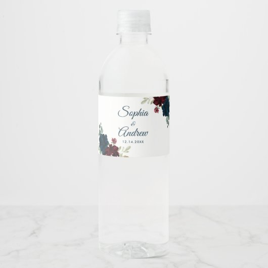 Bourgondië & Marine Bloemen Rustieke Houten Bruilo Waterfles Etiket (Voorkant)