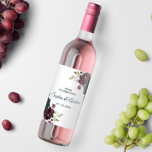 Bourgondië & Marine Bloemen Rustieke Houten Bruilo Wijn Etiket