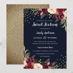 Bourgondië Marine Bloemen Sparkle Sweet Sixteen Ui Kaart