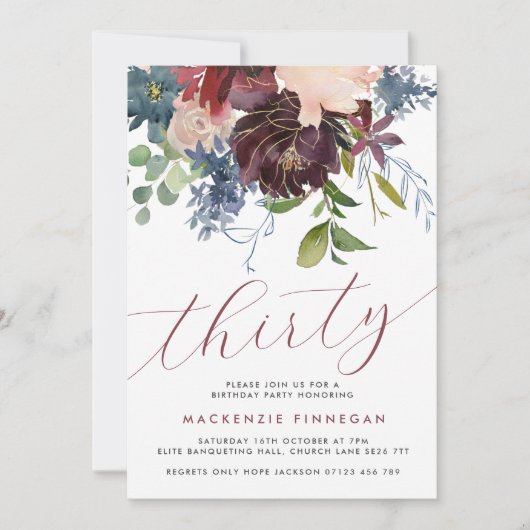 Bourgondië & marine bloemig dertigste verjaardagsf kaart (Voorkant)
