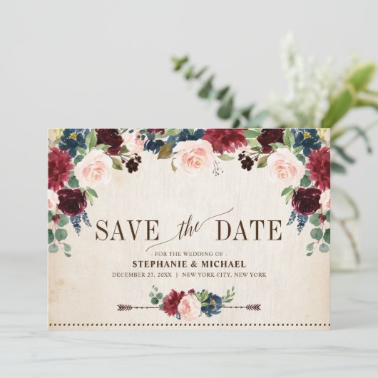 Bourgondië Marine Bloemig Landelijk Boho Landelijk Save The Date (Staand voorkant)