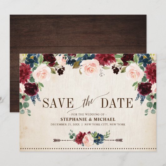 Bourgondië Marine Bloemig Landelijk Boho Landelijk Save The Date (Voorkant / Achterkant)