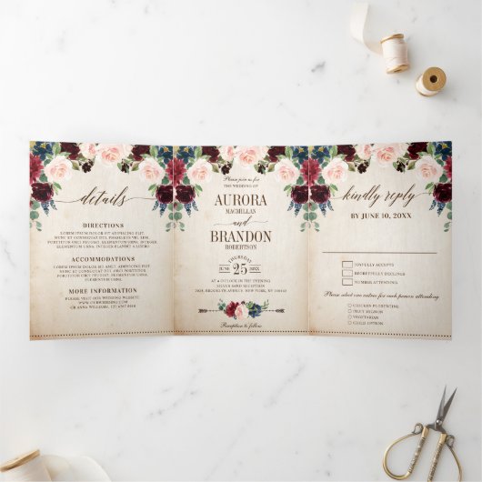 Bourgondië Marine Bloemige Landelijke Boho Bruilof Drieluik Aankondiging (Binnen)