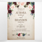 Bourgondië Marine Bloemige Landelijke Boho Bruilof Drieluik Aankondiging (Binnenkant midden)