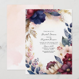 Bourgondié, Marine, Blush Boho Bruiloftsfeest Bloe Kaart