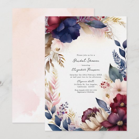 Bourgondié, Marine, Blush Boho Bruiloftsfeest Bloe Kaart (Voorkant / Achterkant)