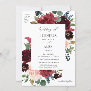Bourgondië & Marine, Blush Roze Bloemen Huwelijk 3 Kaart