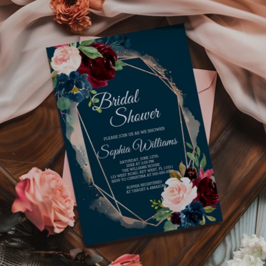 Bourgondië, marine en goud bruids douche uitnodigi kaart