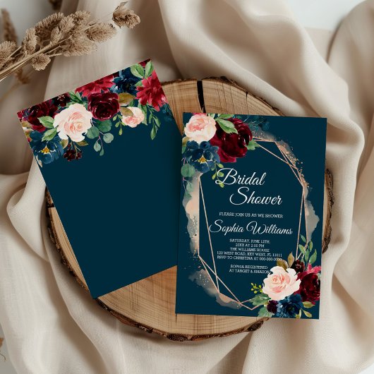 Bourgondië, marine en goud bruids douche uitnodigi kaart