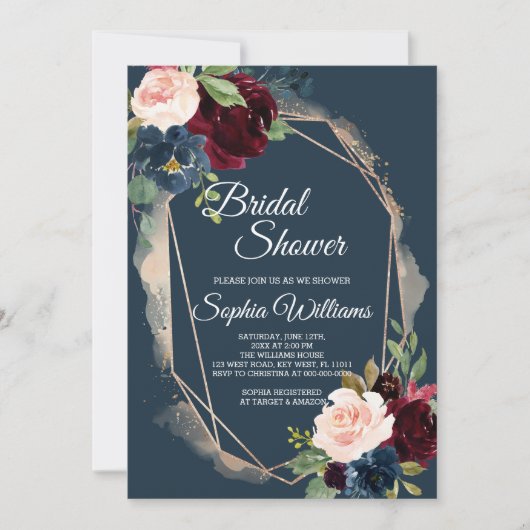 Bourgondië, marine en goud bruids douche uitnodigi kaart (Voorkant)