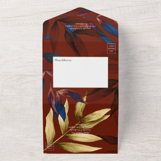 Bourgondië, marine en goud tropenhuwelijk all in one uitnodiging (Buitenkant)