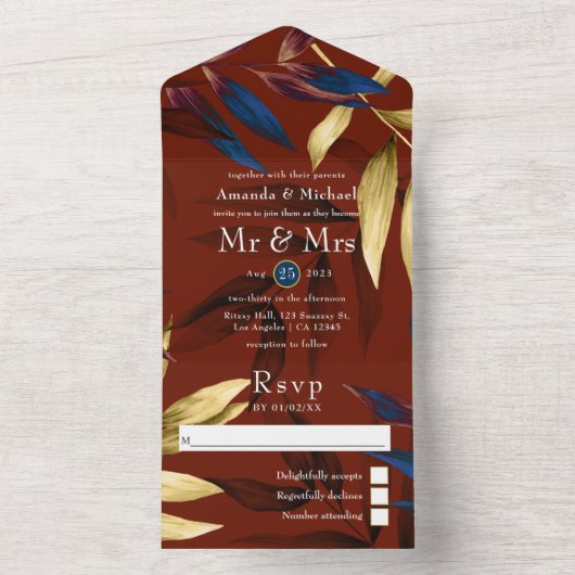 Bourgondië, marine en goud tropenhuwelijk all in one uitnodiging (Binnen)