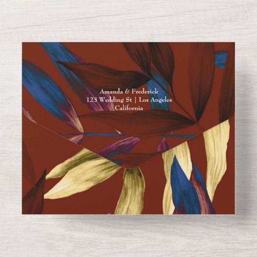 Bourgondië, marine en goud tropenhuwelijk all in one uitnodiging (Achterkant)