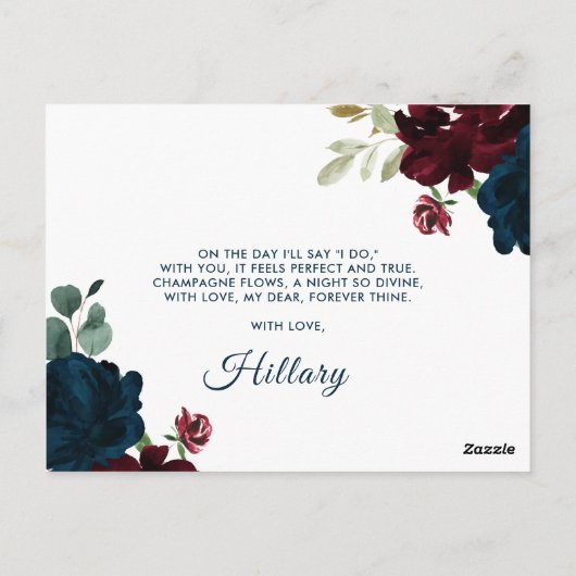 Bourgondië & marine rustieke bruidsmeisje voorstel briefkaart (Achterkant)