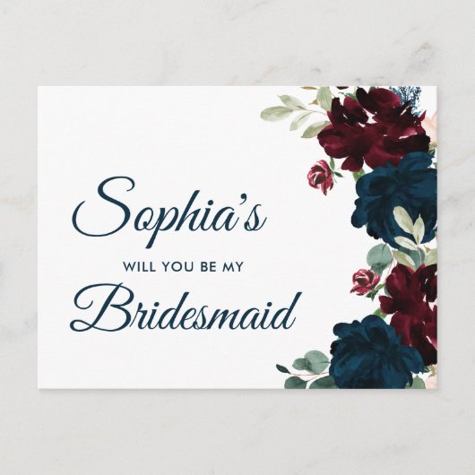 Bourgondië & marine rustieke bruidsmeisje voorstel briefkaart (Voorkant)