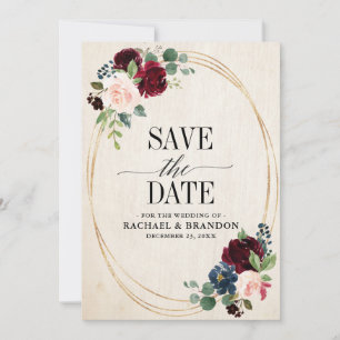 Bourgondië Marineblauw Bloemmotief Landelijk Boho Save The Date