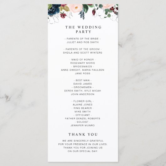 Bourgondië & marineblauw, blozend bloesembruiloft programmakaart (Achterkant)