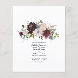 Bourgondie, marineblauw en blozend bloemen bruilof flyer