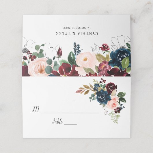 Bourgondië, marineblauw en blush roze bloemenbruil plaatskaartje (Buitenkant ongevouwen)